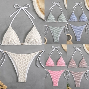 Women Crochet Lace Bikini Halter Neck Side Tie Swimsuit With Artificial Pearl Decor Sexy Beach Vacation Swimwear Top And Bottom