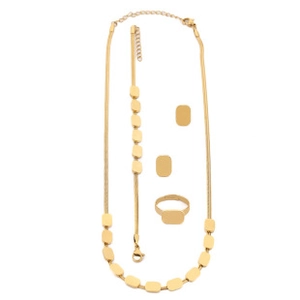 Detailed set of gold geometric rectangle necklace, snake chain, bracelet, and earrings