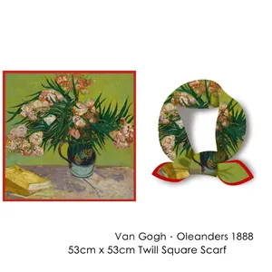 Carré de soie en sergé Van Gogh Oléandres 53cm avec bordures contrastées rouges