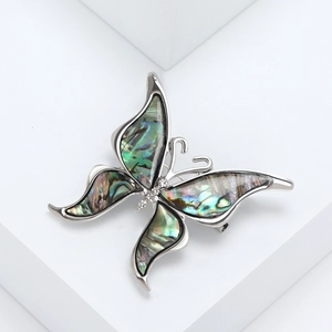 Elegant butterfly brooch with colorful natural abalone shell and sparkling rhinestones