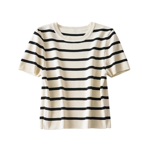 Detail of fine knit texture on striped short sleeve t-shirt with ribbed crew neck