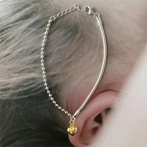 Minimalist S925 silver beaded and snake chain bracelet with a golden heart pendant