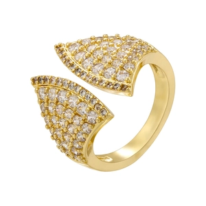 Detail of gold fan-shaped open ring with micro-paved sparkling round cubic zirconia