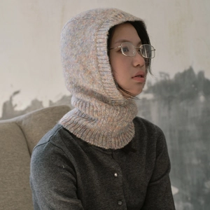Colorful knit balaclava hood scarf for women with warm mixed yarn texture on model