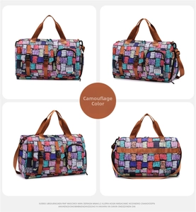 Detailed views of geometric patterned fitness bag with handles and adjustable shoulder strap