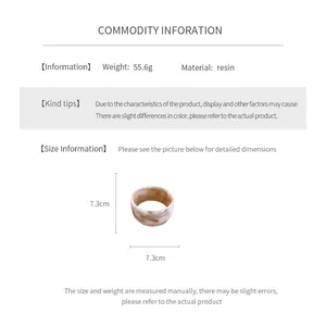 Detailed sizing chart and resin bracelet specifications with amber pattern details
