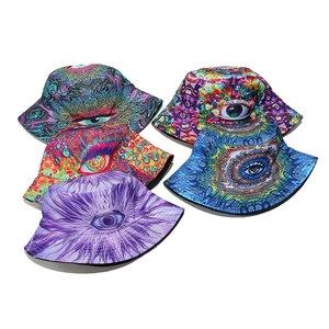 Five-pack of psychedelic art bucket hats with eye prints and mandala patterns