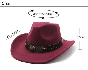Tableau des tailles détaillé pour chapeau de cowboy bordeaux avec mesures 57-58cm