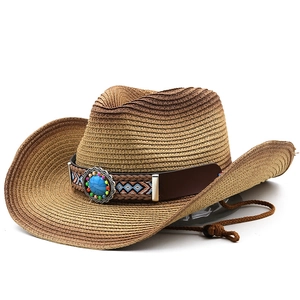Classic straw western cowboy hat with turquoise stone and ethnic embroidery trim