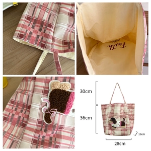Pink checkered canvas tote bag with plush puppy decor and large capacity dimensions
