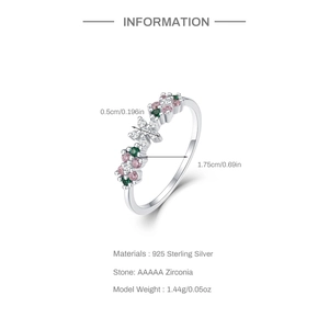 Detail view of 925 silver flower ring specifications with colorful zircon stone dimensions