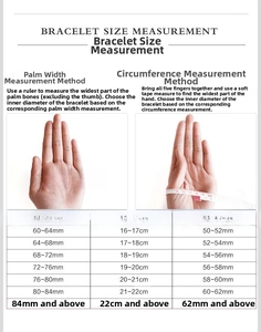 Detailed bracelet size guide showing palm width and circumference measurement instructions