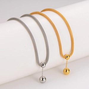 Mesh chain stainless steel pendant necklace in gold and silver finish with metal ball