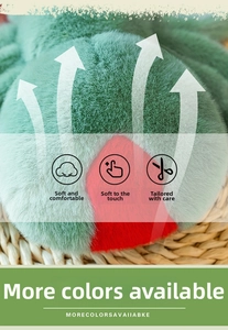 Macro shot of soft green plush toy fabric texture on a natural woven mat background