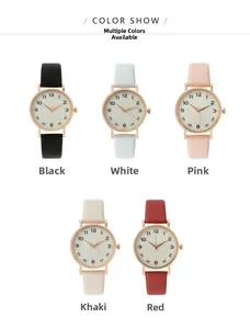 Five elegant leather strap quartz watches displayed in black, white, pink, khaki, and red