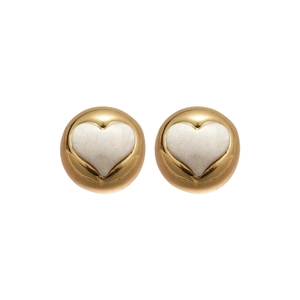 Minimalist gold heart stud earrings with silver brushed center in a sleek round design