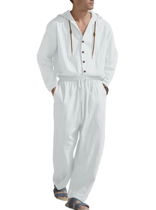 Detail of white cotton linen men's leisure set showing breathable fabric and drawstring hood
