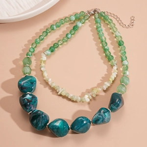 Double-layered beaded necklace with blue and green irregular resin beads in retro style