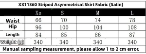 Size chart for asymmetrical striped satin skirt showing waist hip and length measurements