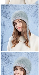Detail of grey-blue plush winter hat featuring soft faux fur and colorful knit accents