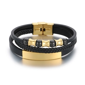 Men's multilayer black braided leather bracelet with engravable gold stainless steel plate