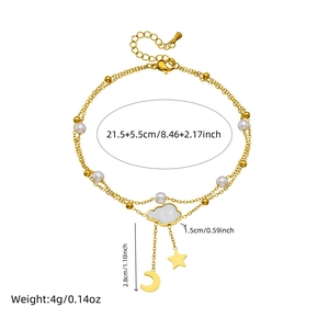 Golden double layer anklet with pearl, cloud pendant, and moon star tassel charms