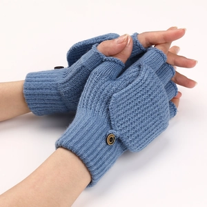 Detail showing the blue knitted flip top glove with a brown button and striped ribbed cuff