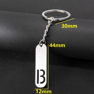 Polished stainless steel rectangular keychain with letter B engraving and dimensions