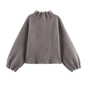 Women's grey knitted bomber jacket and skirt set featuring lantern sleeves and high neck