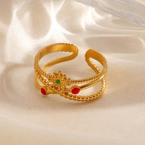 Vintage gold sunburst ring with colorful enamel dots and triple layer beaded bands