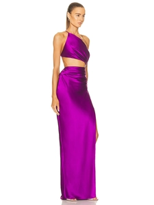 Detail of purple satin midi dress with one-shoulder cut-out and glossy finish