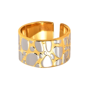 Two-tone pebble textured wide open ring with 18k gold and silver plated stainless steel finish