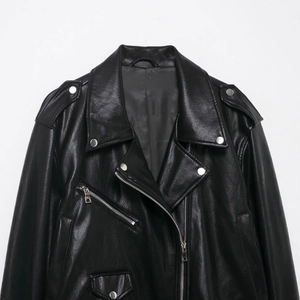 Classic black faux leather biker jacket with asymmetric silver zipper and notched collar