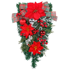 Christmas upside-down tree wreath with poinsettia red berries and plaid ribbon decoration