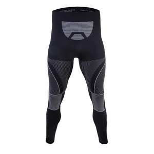 Detail of compression pants showing ergonomic fabric texture and material composition info