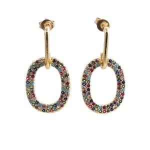 Gold oval hoop earrings with rainbow colored stones on a clean white background