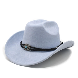 Detail view of suede cowboy hat with turquoise stone and woven band decoration