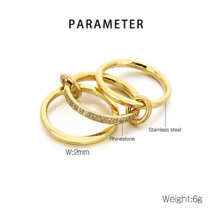 Detail showing 2mm width and 6g weight of gold multi-layer rhinestone interlocking ring