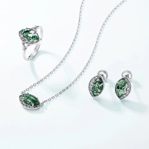 S925 Sterling Silver jewelry set with marquise cut green moss agate stones on white background