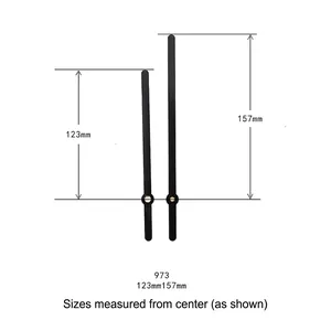 Set of matte black aluminum clock hands with 123mm and 157mm length measurements