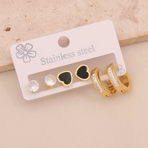 3 pairs of stainless steel earrings featuring heart studs and gold cubic zirconia hoops