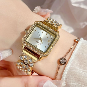 Elegant gold square watch for women with sparkling rhinestones and matching bracelet