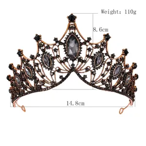 Baroque black crystal bridal crown in vintage bronze metal with gray gemstones