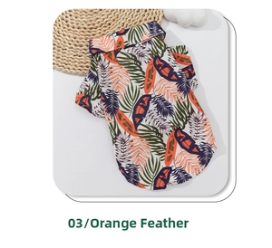 Detail of tropical orange feather print on breathable summer pet shirt fabric