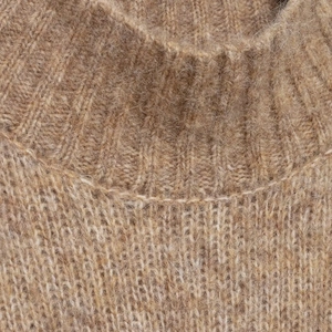 Mock neck camel knit sweater with rib-knit collar and fluffy wool texture detail