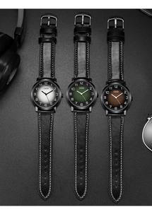 Three vintage quartz watches with leather straps in silver, green and brown gradients