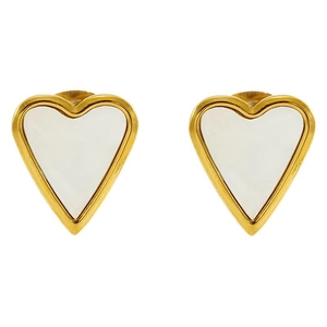 Minimalist gold titanium heart stud earrings with white inlay and golden rim