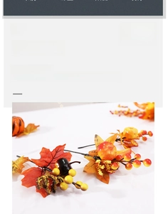 Detail of Halloween faux pumpkin with maple leaves and orange berries on white desk