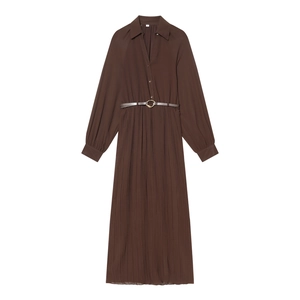 Elegant Women Long Sleeve Pleated Midi Dress With Belt Solid Color Chiffon Shirt Dress High Waist