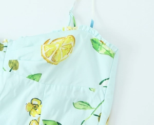 Detail of ruffled neckline and lemon print on light blue poplin dress straps
